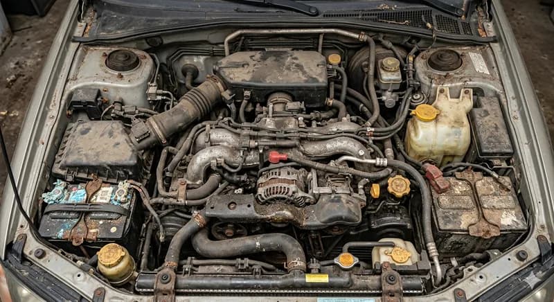 Restauração e limpeza profunda do compartimento do motor - Antes