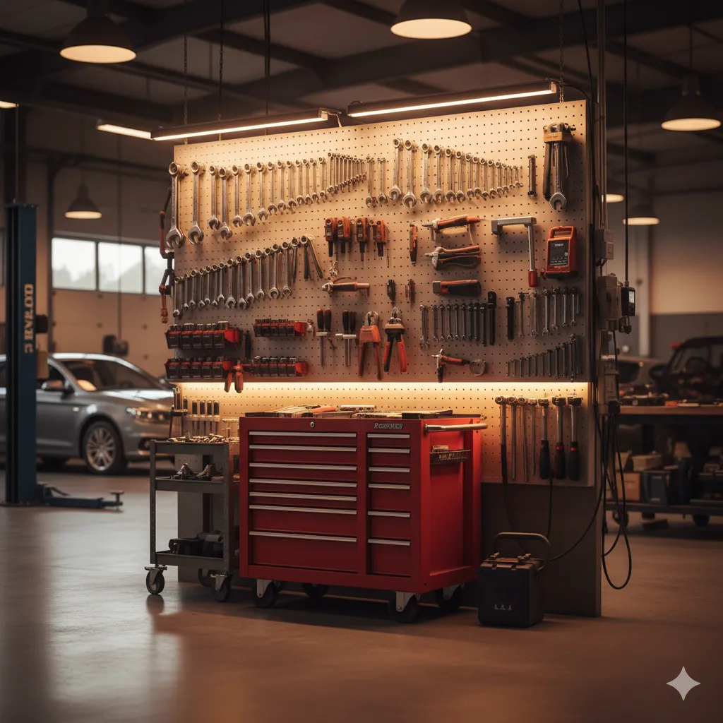 Interior da oficina Auto Bicesse com ferramentas organizadas