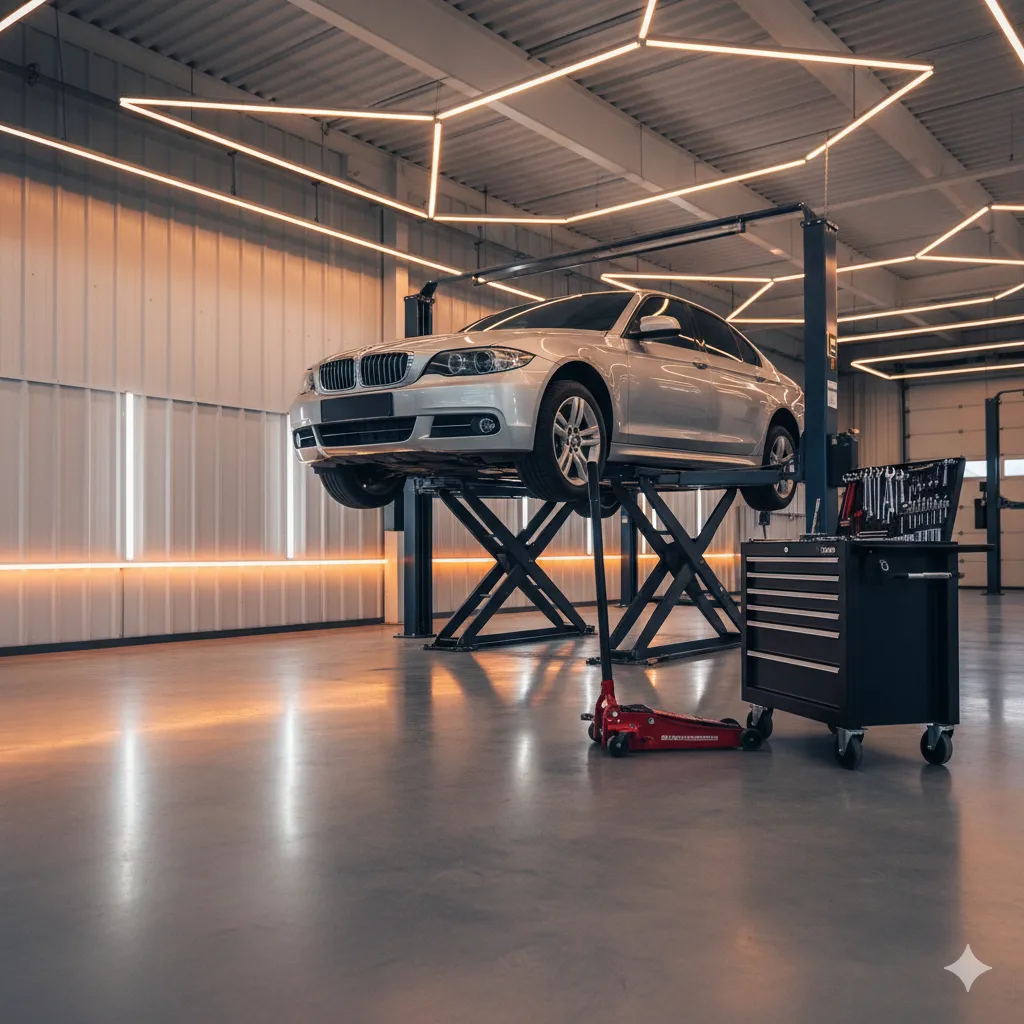 Oficina moderna com veículo no elevador